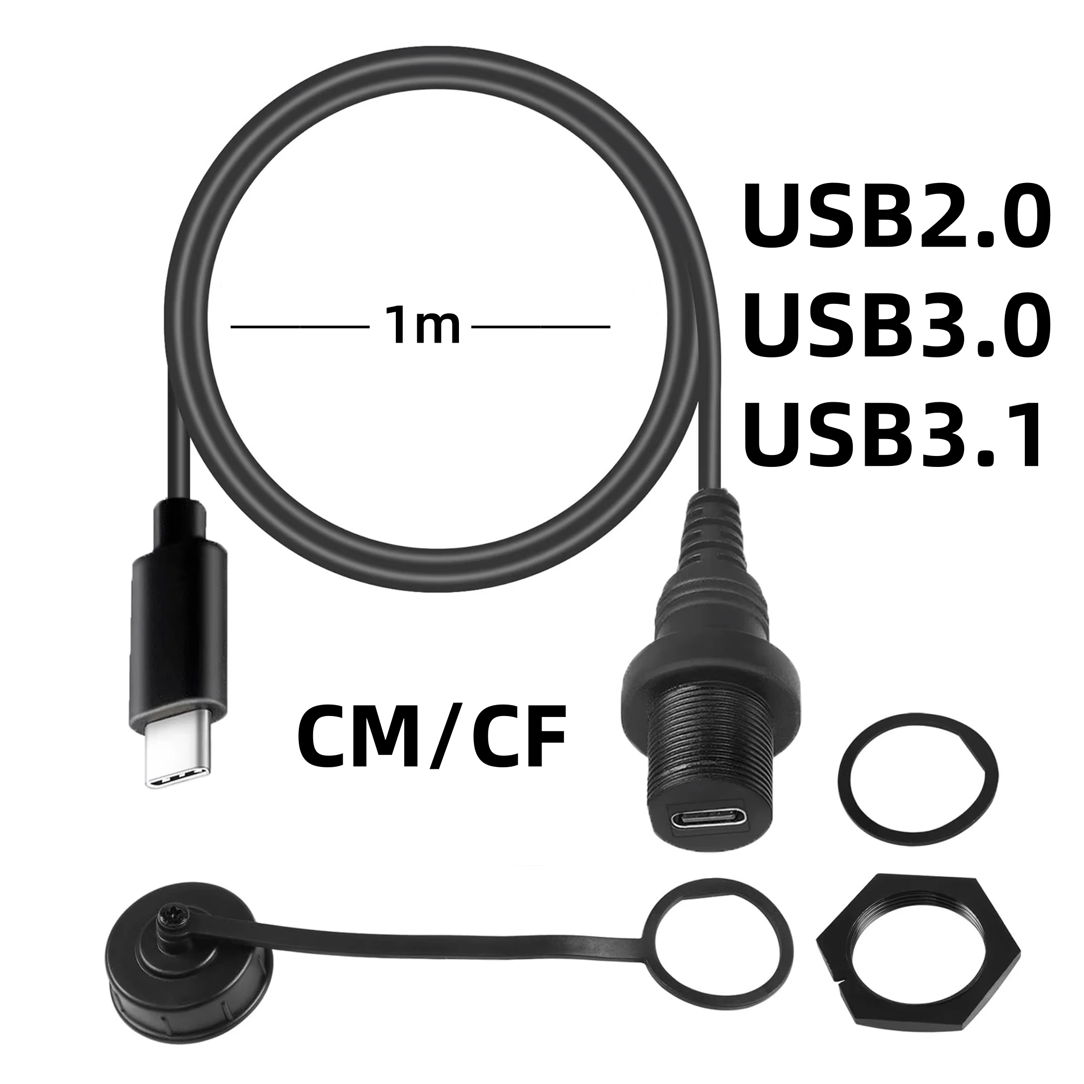 Cable de extensión USB C de 1m/3 pies con Kit impermeable tipo C Cable de montaje empotrado de Panel macho a hembra para salpicadero de motocicleta, barco y coche