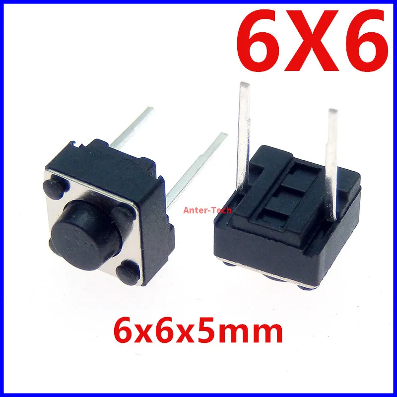 Interruptor táctil momentáneo, 6x6x5, 6x6x5mm, pin medio de 2 pines, 100 Uds.