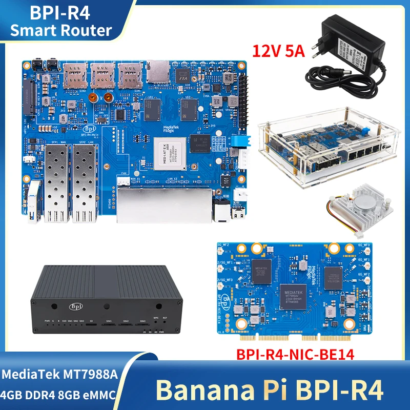 Banana Pi BPI-R4 MediaTek MT7988A (Filogic 880) 4GB DDR4 8G eMMC Placa de enrutador inteligente Fuente de alimentación Ventilador opcional