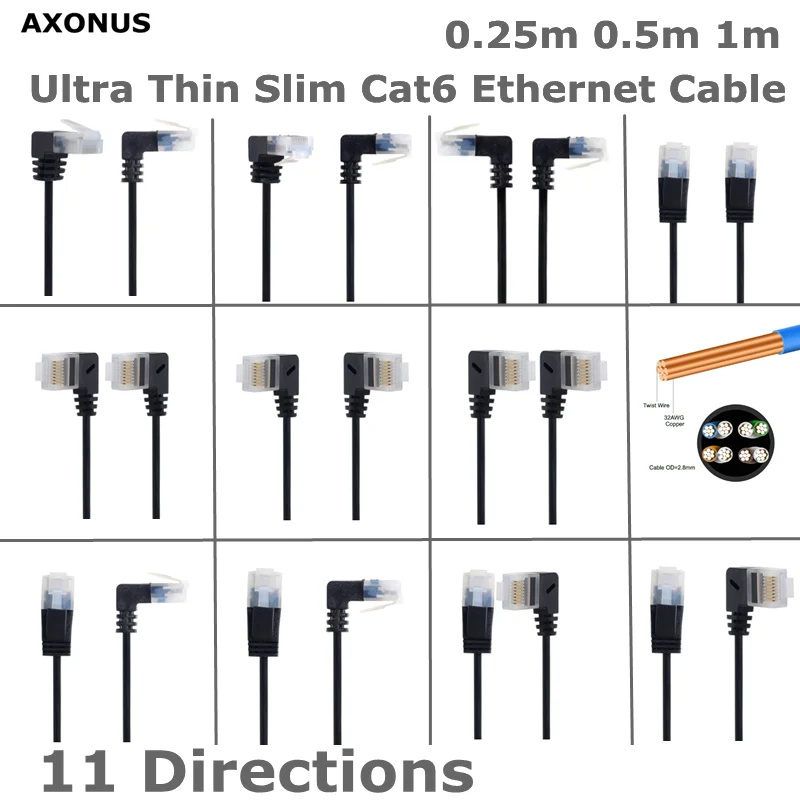 Cable corto Ethernet Cat6a ultradelgado OD 2,8 mm, cable súper ligero LAN de ángulo izquierdo y derecho hacia arriba y hacia abajo, parche de red UTP de alta velocidad 10G