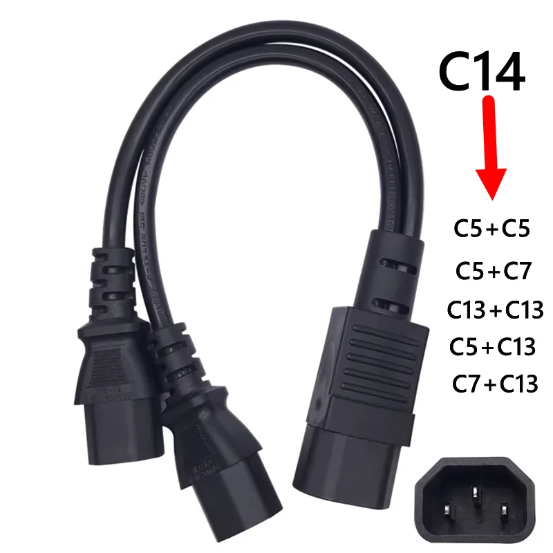 IEC320 C14 C8 a 2X C7 C5 C13 Y Cable de alimentación de CA dividido, figura IEC 8 macho a 2 hembra 1 en 2 salidas Cable de alimentación de CA 30 cm negro