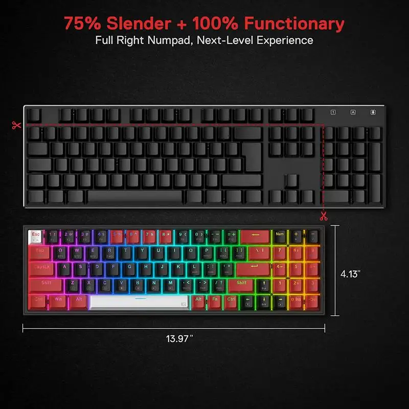 Redragon K628 PRO 75% 3 modos Bluetooth 2,4 Ghz inalámbrico RGB USB LED teclado para juegos 78 teclas intercambiables en caliente compacto mecánico - imagen 3