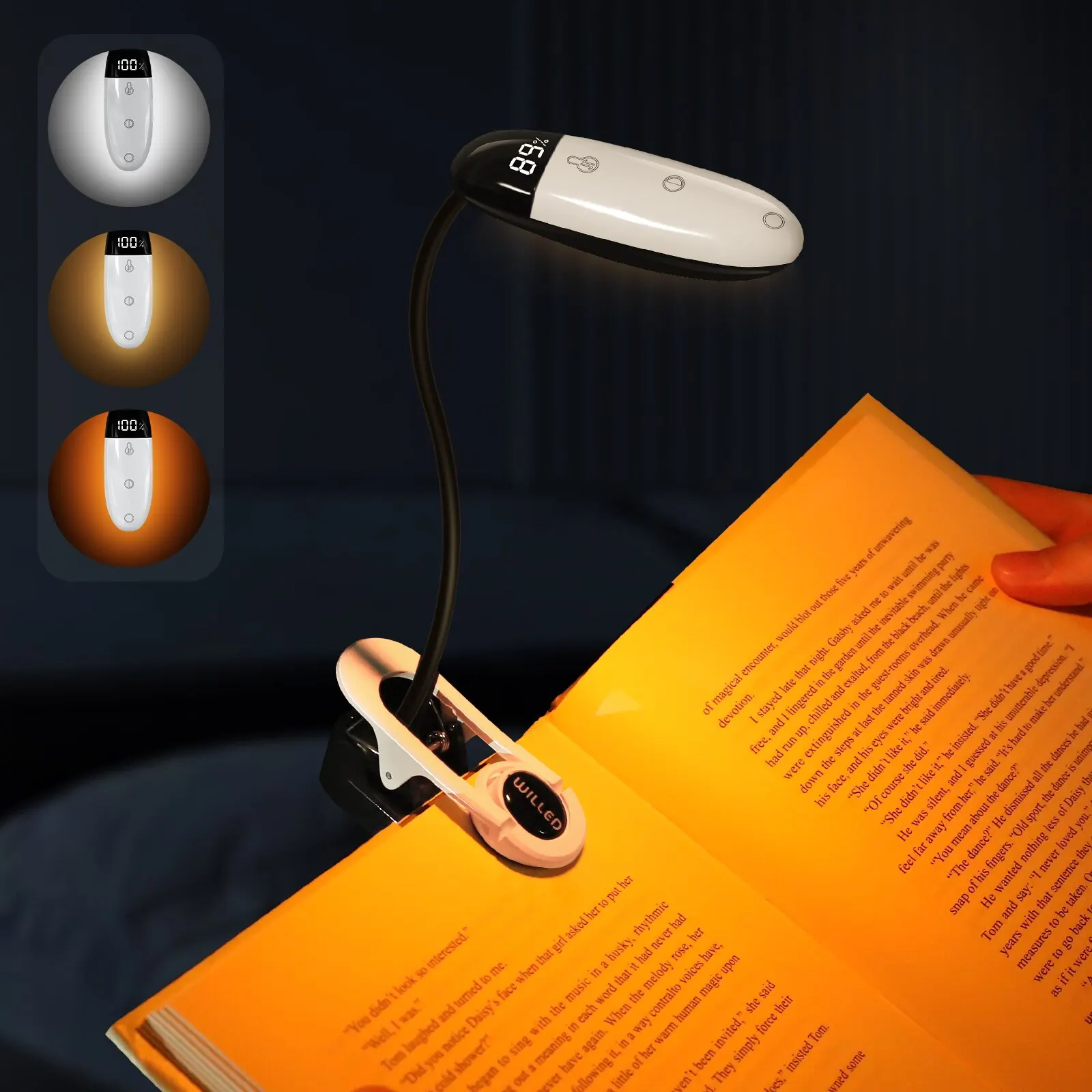 Mini luz LED de lectura recargable, lámpara de lectura nocturna, Flexible, fácil enganche, 3 colores, 5 pantallas de brillo, batería - imagen 2