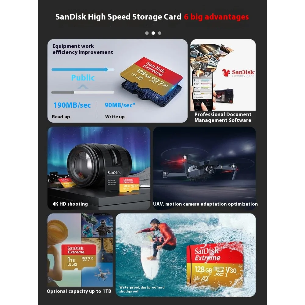 100% Sandisk Extreme Micro SD TF 4K U3 cámara 512GB 1TB tarjeta de memoria 32GB 64GB 128GB 256GB para teléfono Drone cartao de memoria coches - imagen 2