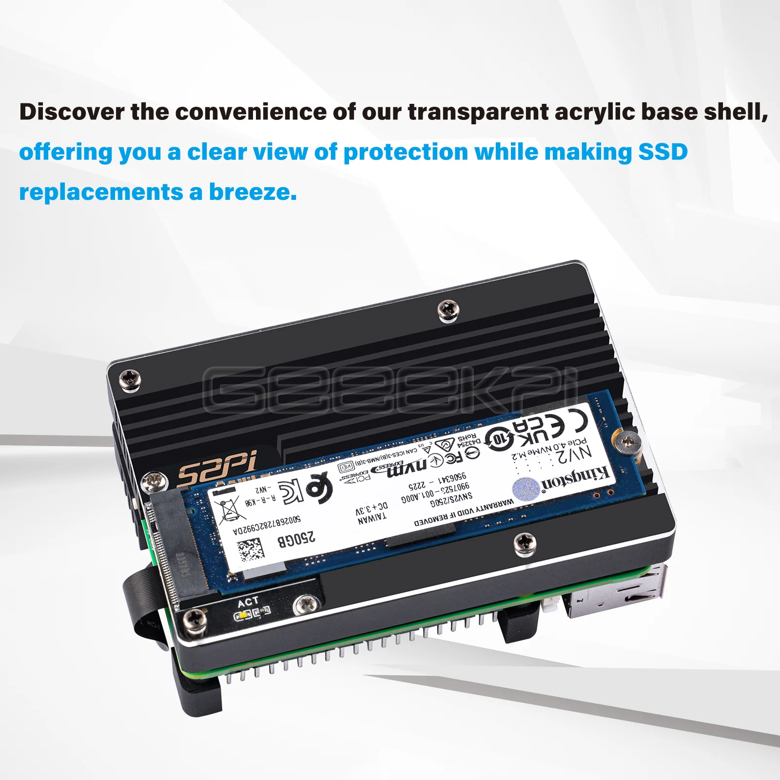 GeeekPi-funda de armadura con adaptador M.2 m-key PCIe3.0 x1 para Raspberry Pi 5, compatible con M.2 NVMe SSD en 2230, 2242, 2260, 2280 - imagen 2