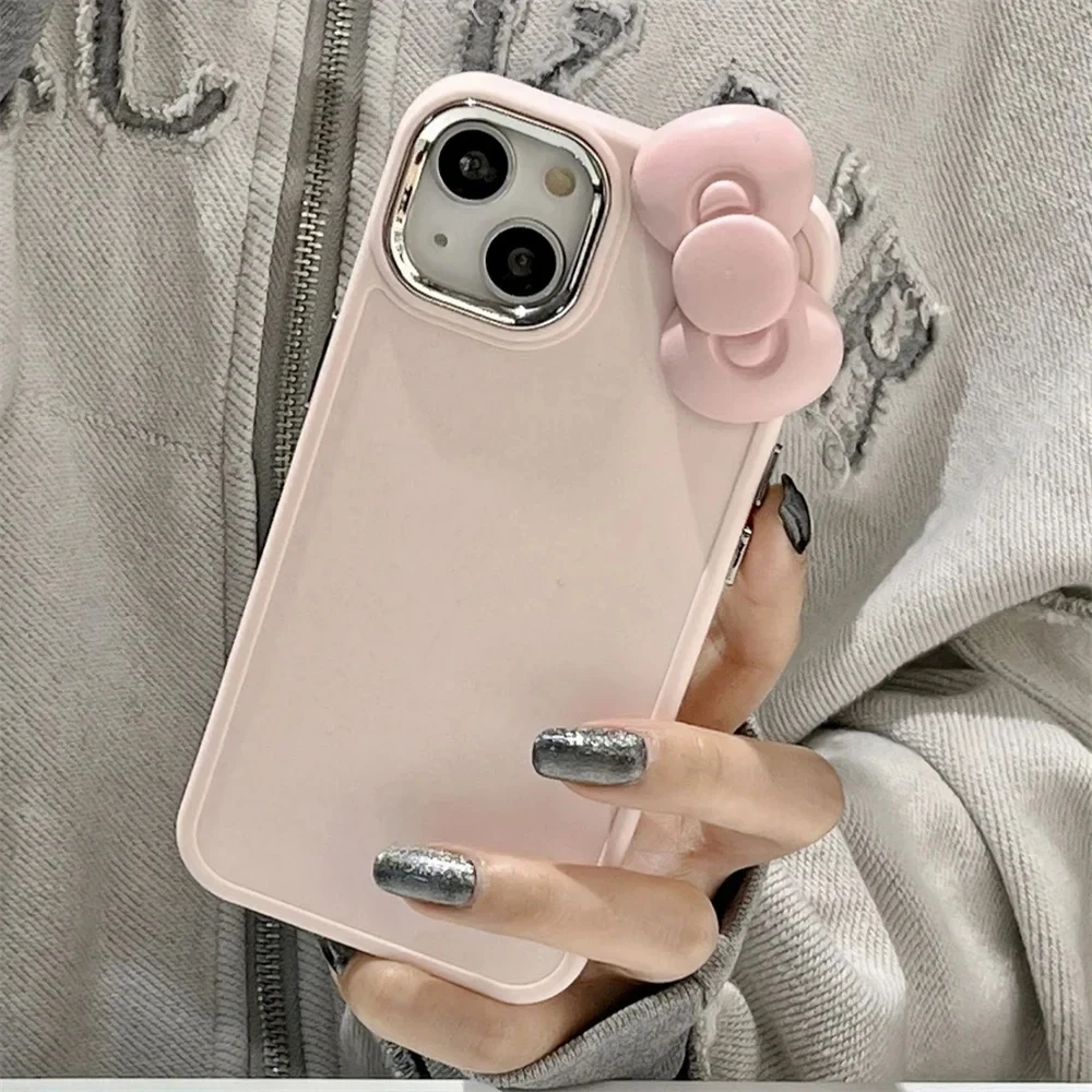 Funda de teléfono coreana con lazo rosa 3D para iPhone 16 15 14 13 12 11 Pro Max X Color sólido a prueba de golpes funda de lujo de silicona suave - imagen 2