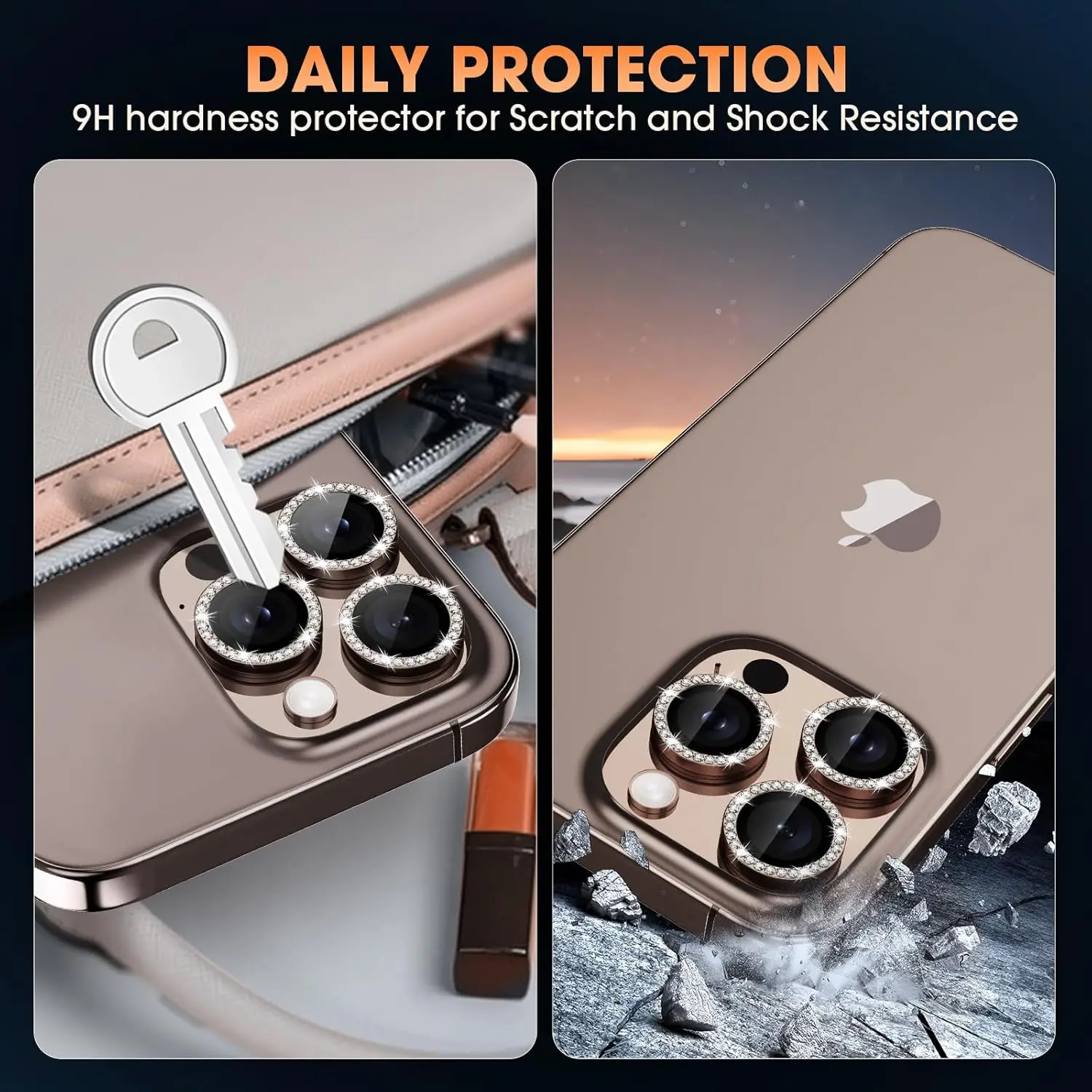 Para IPhone 16 Pro/16 Pro Max Protector de lente de cámara Bling Anillo de diamante de metal individual Protector antiarañazos de dureza 9H, - imagen 2