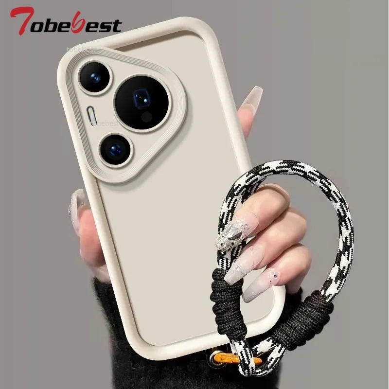 Funda de silicona con correa para muñeca y cordón para Huawei Pura 70 P60 P50 P40 Lite P30 P20 Pro Ultra Fundas, funda trasera suave de color sólido - imagen 4
