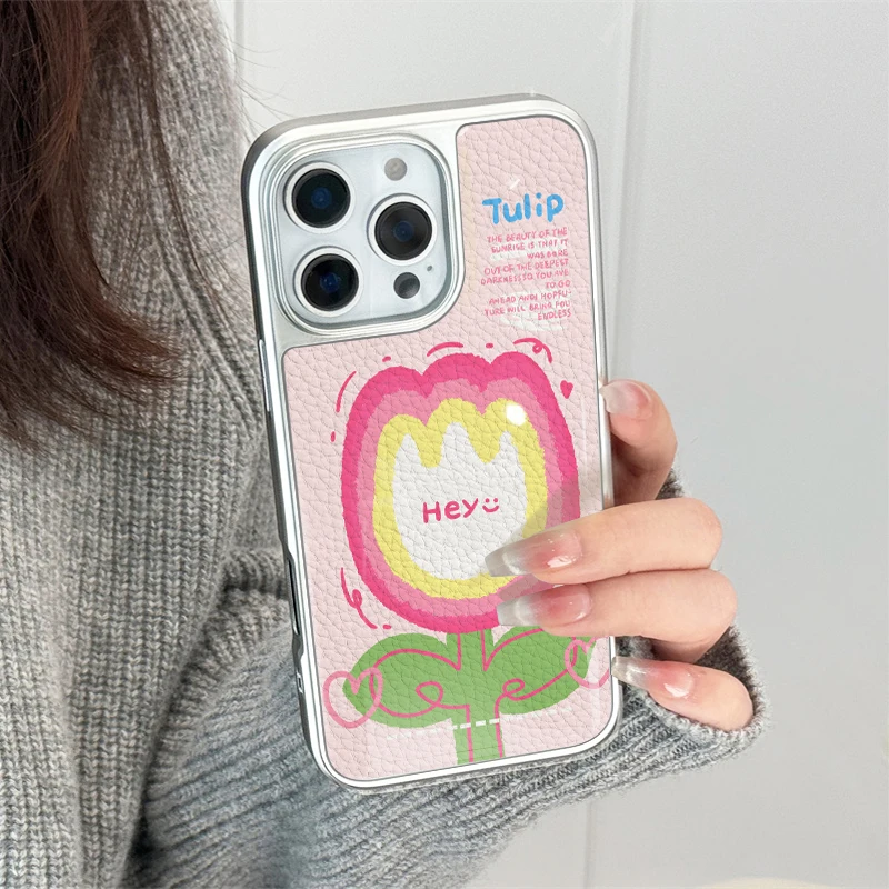 Funda de teléfono anticaída de TPU con textura de cuero de tulipán animado bonito para iPhone XR/11/12/13/14/15/16/17 Pro Max - imagen 4