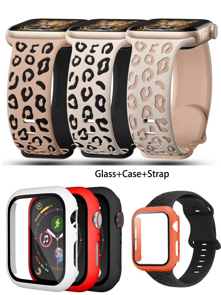 Vidrio + funda + correa para Apple Watch Band 45mm 44mm 41mm 40mm cinturón de leopardo grabado para Apple IWatch Series 10 8 7 6 SE 5 46mm 42mm