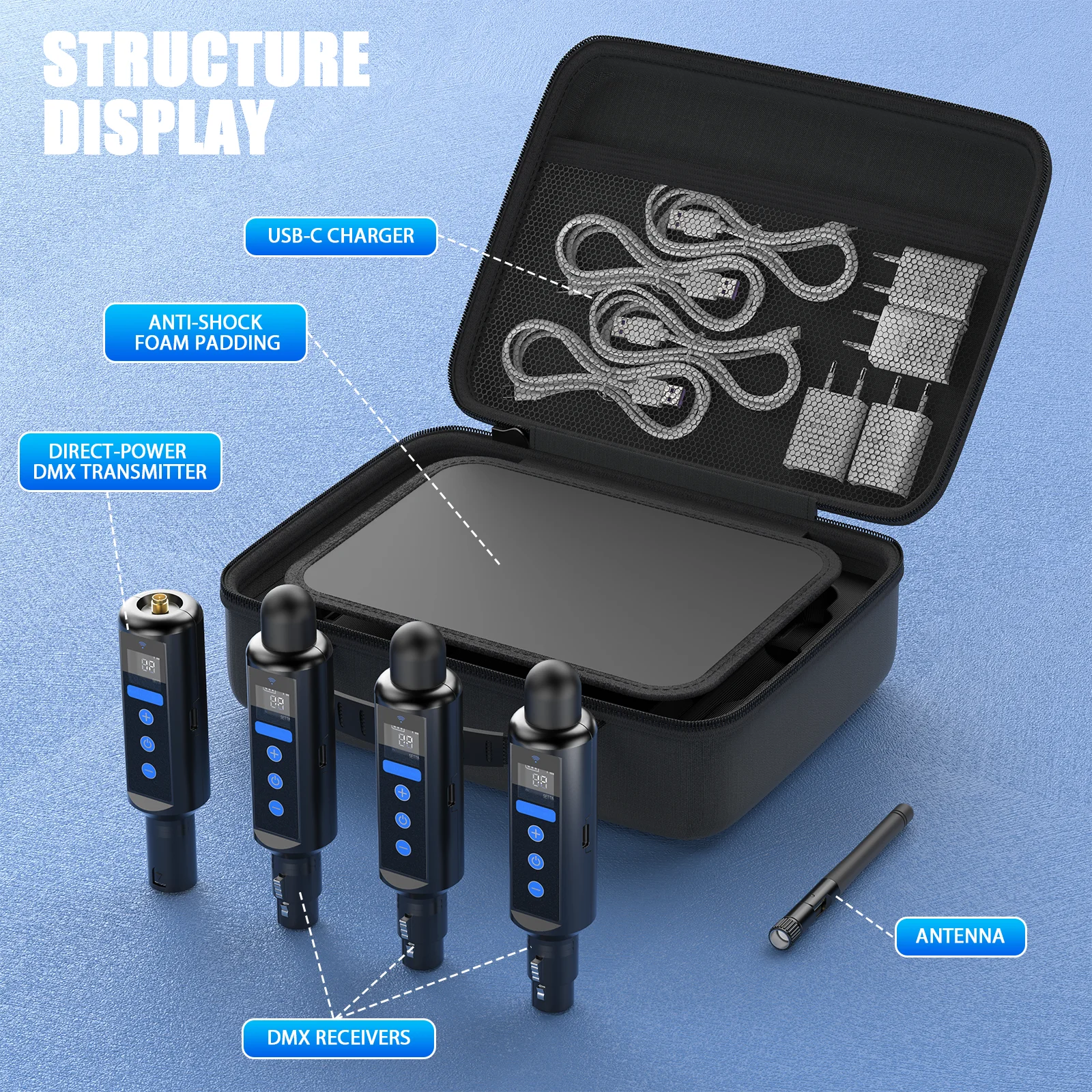 U'King 3 uds receptor de batería incorporado y transmisor de consola inalámbrico DMX512 y caja de embalaje Control de iluminación de escenario para fiesta KTV Bar - imagen 5
