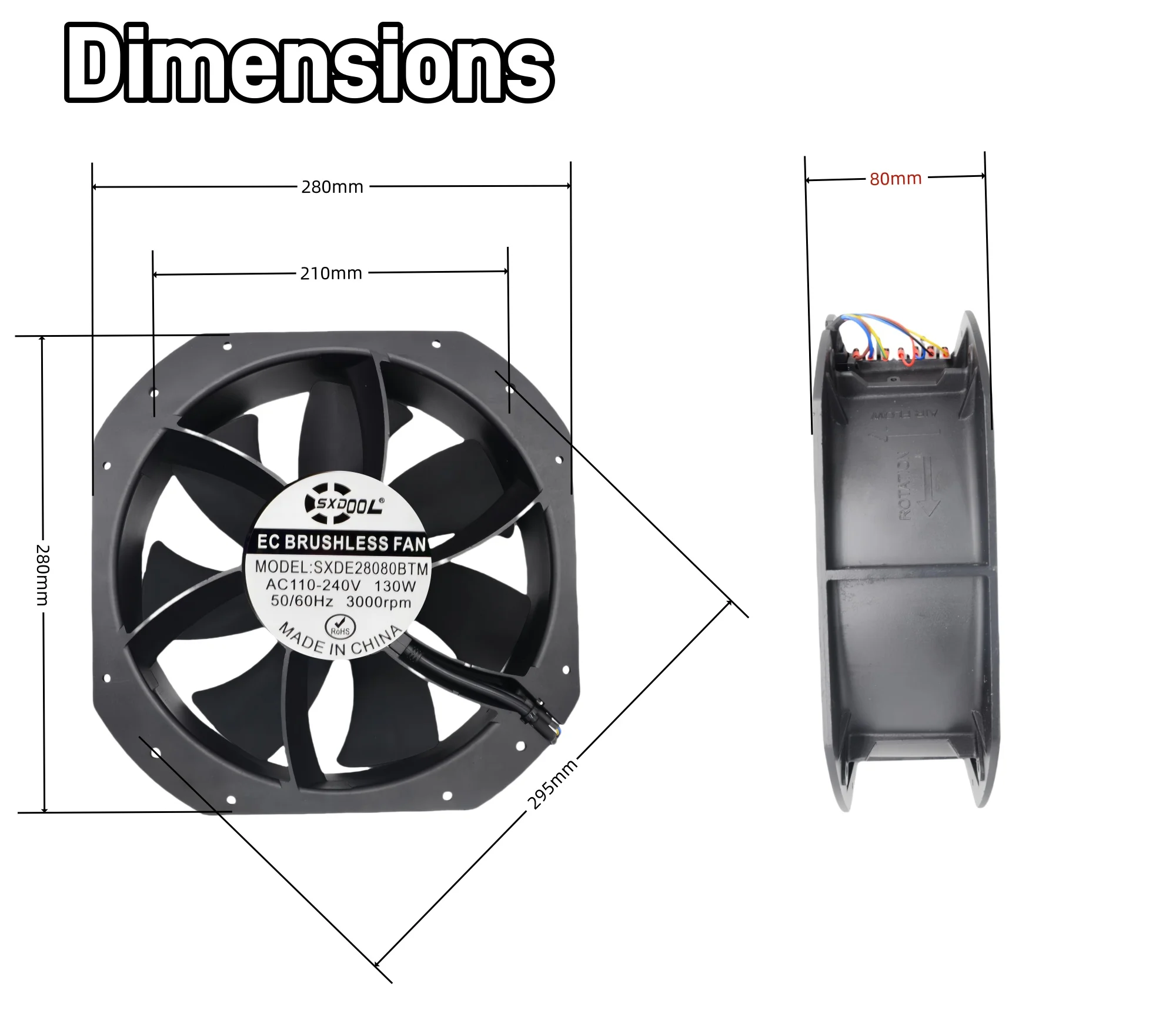 Ventilador EC industrial de 280 mm y 28 cm para SXDE28080BTM, ventilador de enfriamiento de alto flujo de aire de 115 V 230 V 1200 CFM para caja de distribución de gabinete de servidor - imagen 3