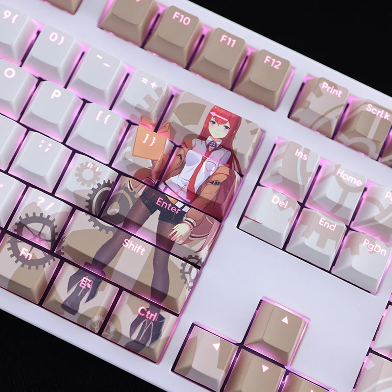 108 teclas/juego Steins Gate Makise Kurisu Keycap PBT tinte subcama retroiluminado Keycaps Anime Gaming Key Caps para ANSI 61 87 104 108 - imagen 5
