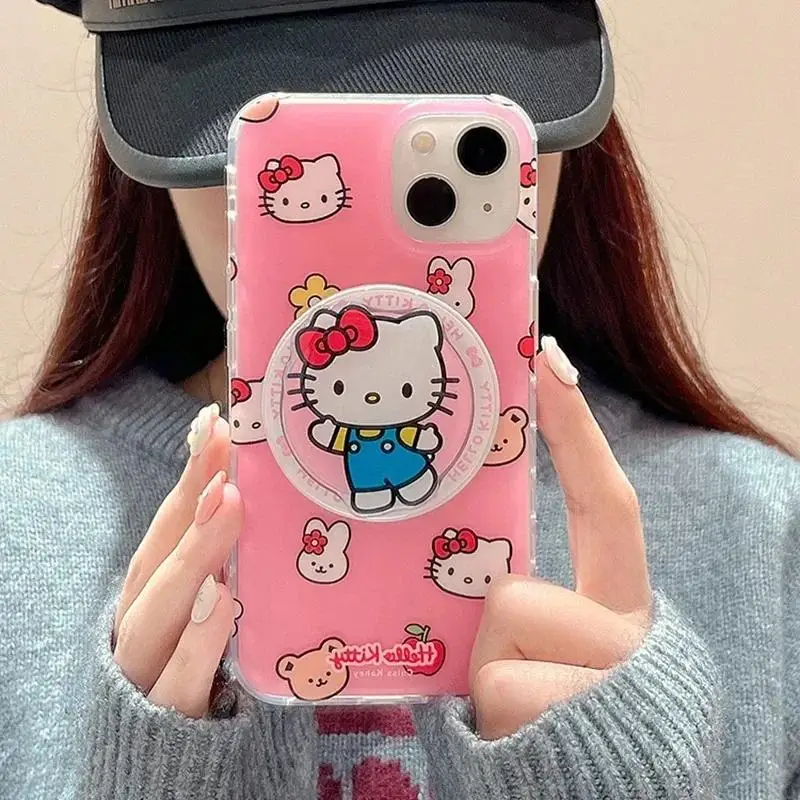 Sanrio-funda de teléfono con soporte de Hello Kitty, color rosa, carga inalámbrica, para Samsung Galaxy S24 Ultra S22 S23FE Z Flip 6 5 3 4, dura - imagen 2