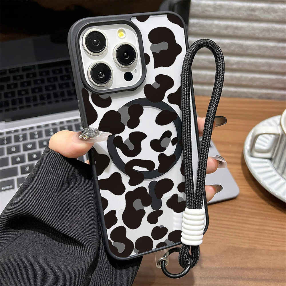 Funda de teléfono con estampado de leopardo magnético con cordón de lujo para iPhone 17 16 Pro Max 13 11 15 14 12 17promax cubierta mate acrílica a prueba de golpes - imagen 2