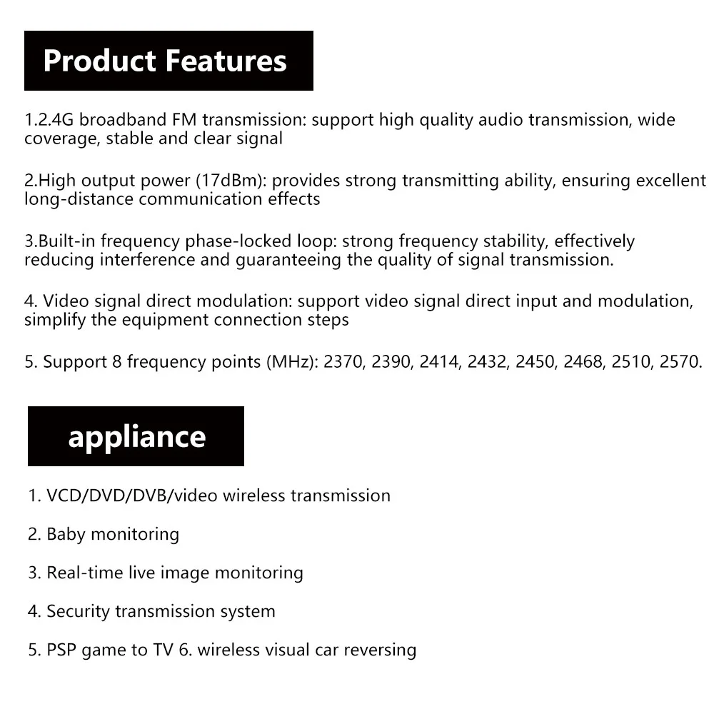 Módulo de transmisión de vídeo inalámbrico 2,4G 2370 ~ 2570MHz ajustable 8 puntos de frecuencia TX2570 VCD/DVD/DVB/transmisión de señal de vídeo - imagen 4