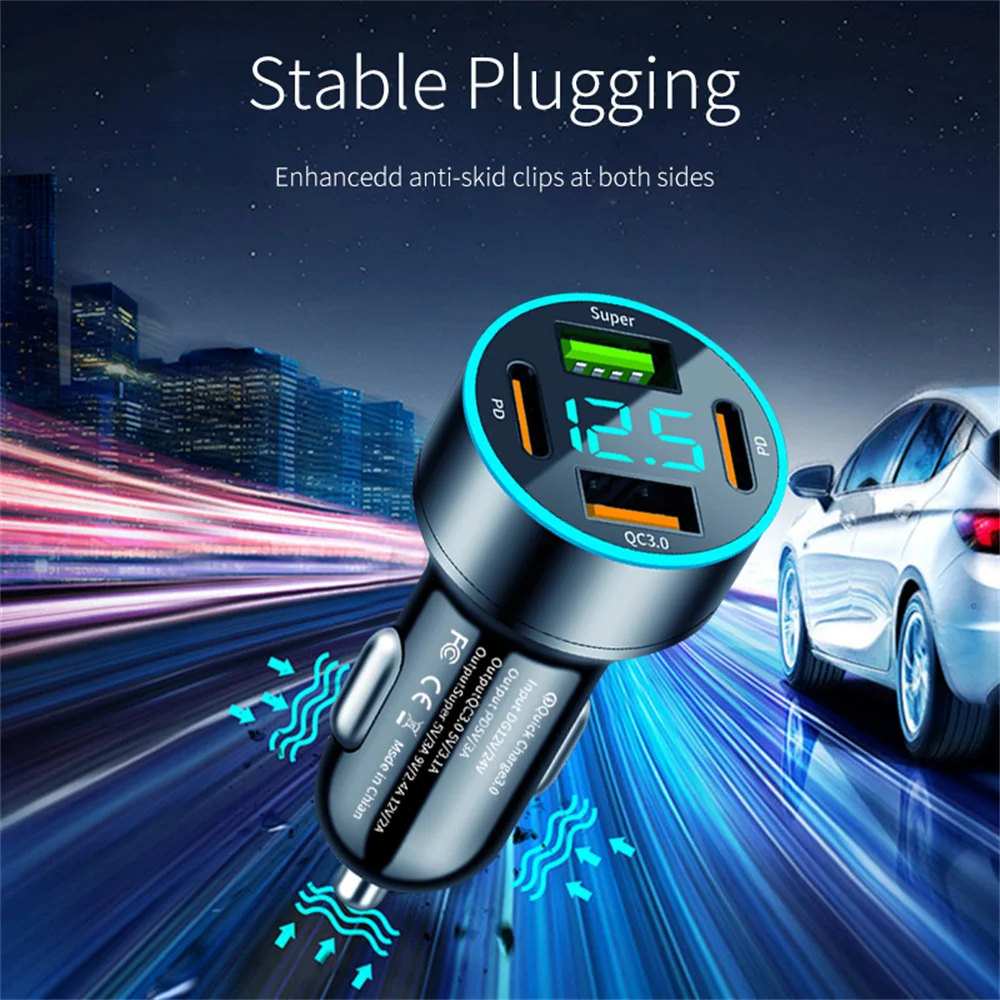 Cargador de coche de 66W USB PD tipo C cargador de teléfono de coche de carga rápida para iPhone 15 Samsung Xiaomi 4 puertos pantalla LED cargador rápido de coche - imagen 3