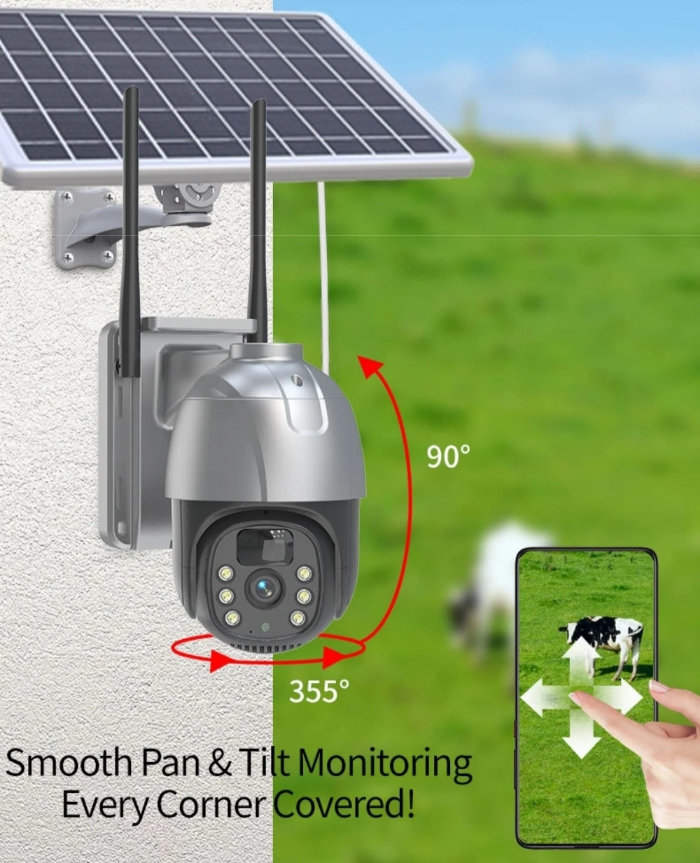 Cámara de vigilancia solar 4G WiFi con panel solar, 360°, 4 MP, 1080P HD, bidireccional, CCTV, seguridad para exteriores, impermeable, seguimiento automático, ZP3, visión nocturna, detección de movimiento. - imagen 2