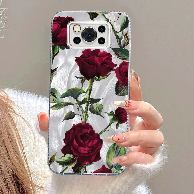 Funda de rosas rojas a la moda para Xiaomi Poco X3 X5 X6 X7 M3 M4 M5S M6 F5 F3 C65 C55 C75 Pro NFC textura de plumas funda de teléfono - imagen 2