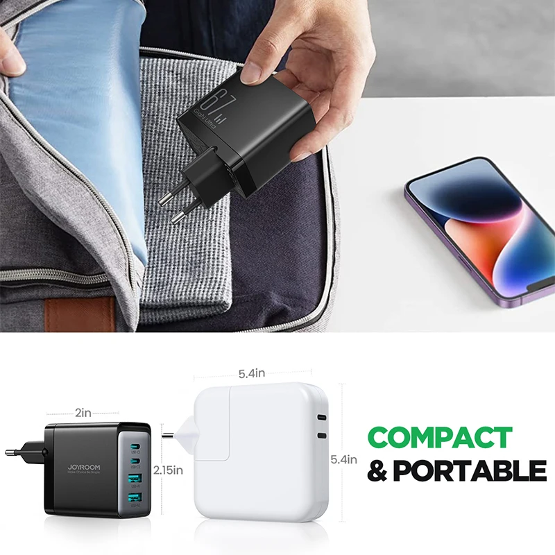 JOYROOM-Bloque de cargador USB C, adaptador de carga rápida de pared GaN plegable de 4 puertos, 67W, para iPhone 1, MacBook Pro/Air, iPad Pro/Air Galaxy - imagen 4