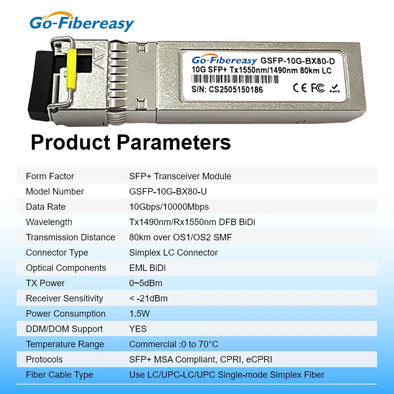 10G BiDi 80km SMF LC WDM SFP + módulo 1490/1550nm transceptor óptico bidireccional de fibra única para Cisco, Mikrotik, interruptor de jugador - imagen 2