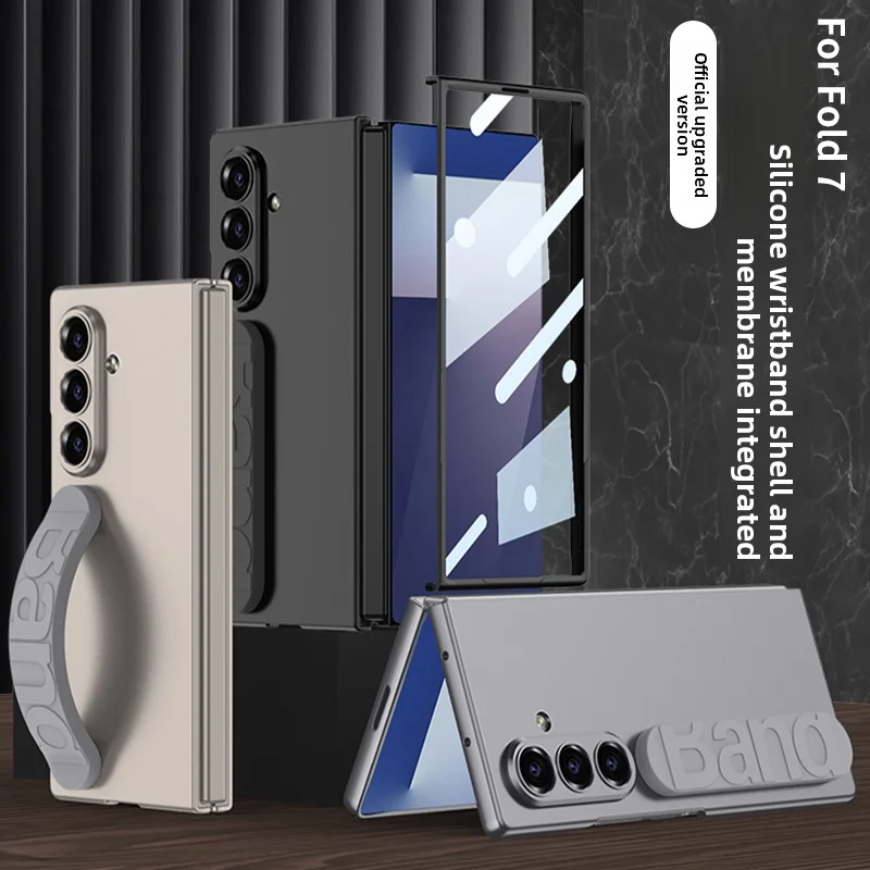 Para Samsung Galaxy Z Fold 7 funda dura con correa de silicona para muñeca funda protectora trasera para Samsung Z Fold7 carcasa de cubierta completa