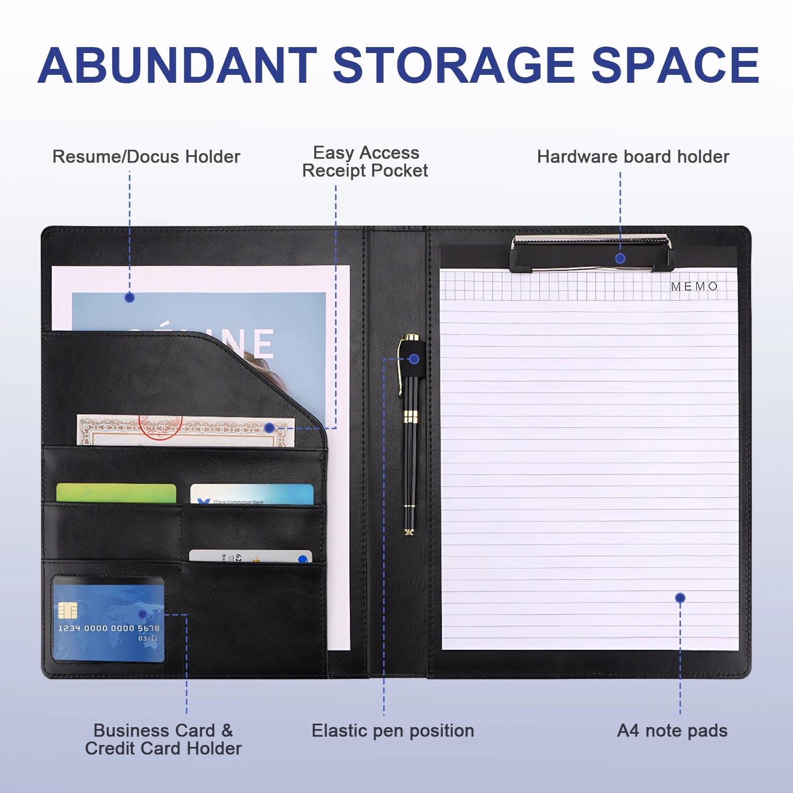 Carpeta portapapeles A4 con Bloc de notas, bolsa para archivos de documentos, Bloc de notas multicapa de gran capacidad para reuniones de negocios y viajes - imagen 2