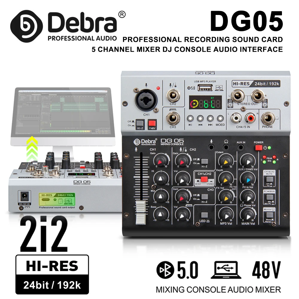 Debra DG05 Tarjeta de sonido con interfaz de audio de 24 bits y 192 kHz, calidad de estudio, 5,0 BT, para grabación de guitarra eléctrica de PC, con monitores - imagen 2