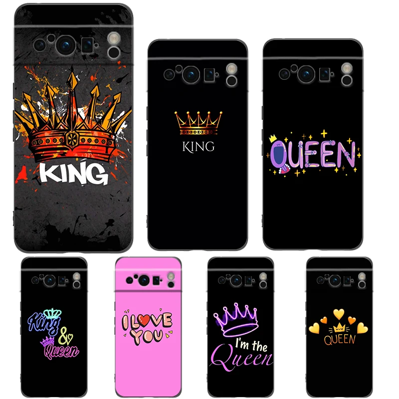 Crown QUEEN & KING-funda de silicona suave a prueba de golpes para Google Pixel 8, 7, 6 Pro, 6A, 7A, 5G, TPU, negra