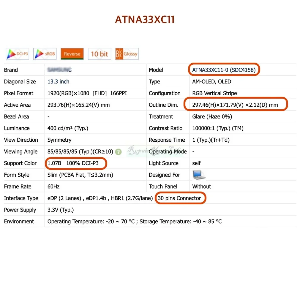 13,3 Full HD OLED no táctil ATNA33XC11 para Asus ZenBook 13 UX325 UM325 UM325UA UM325SA ATNA33XC11-0 Panel de pantalla LCD para ordenador portátil nuevo - imagen 2