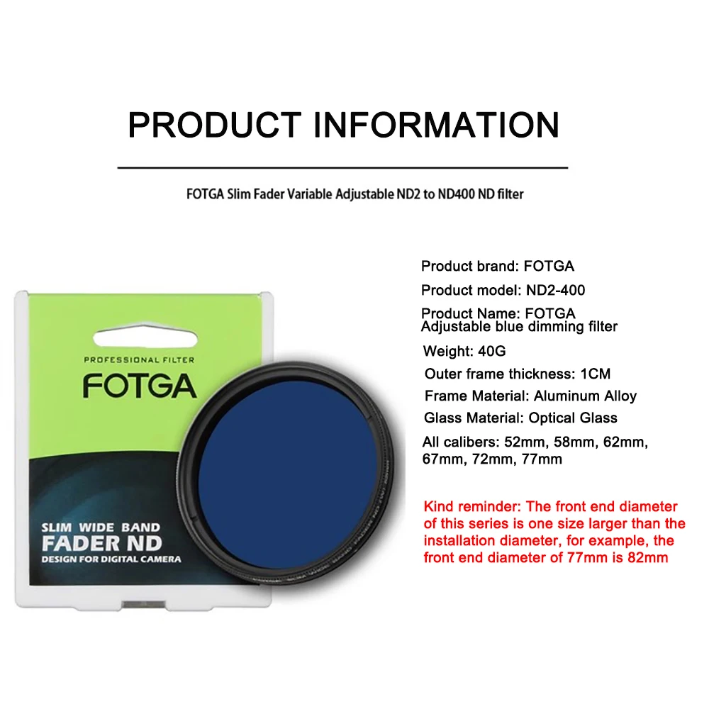 FOTGA Fader de Color ajustable delgado ND filtro de lente azul reductor de luz 52/58/62/67/72/77mm filtro de atenuación azul ajustable - imagen 3