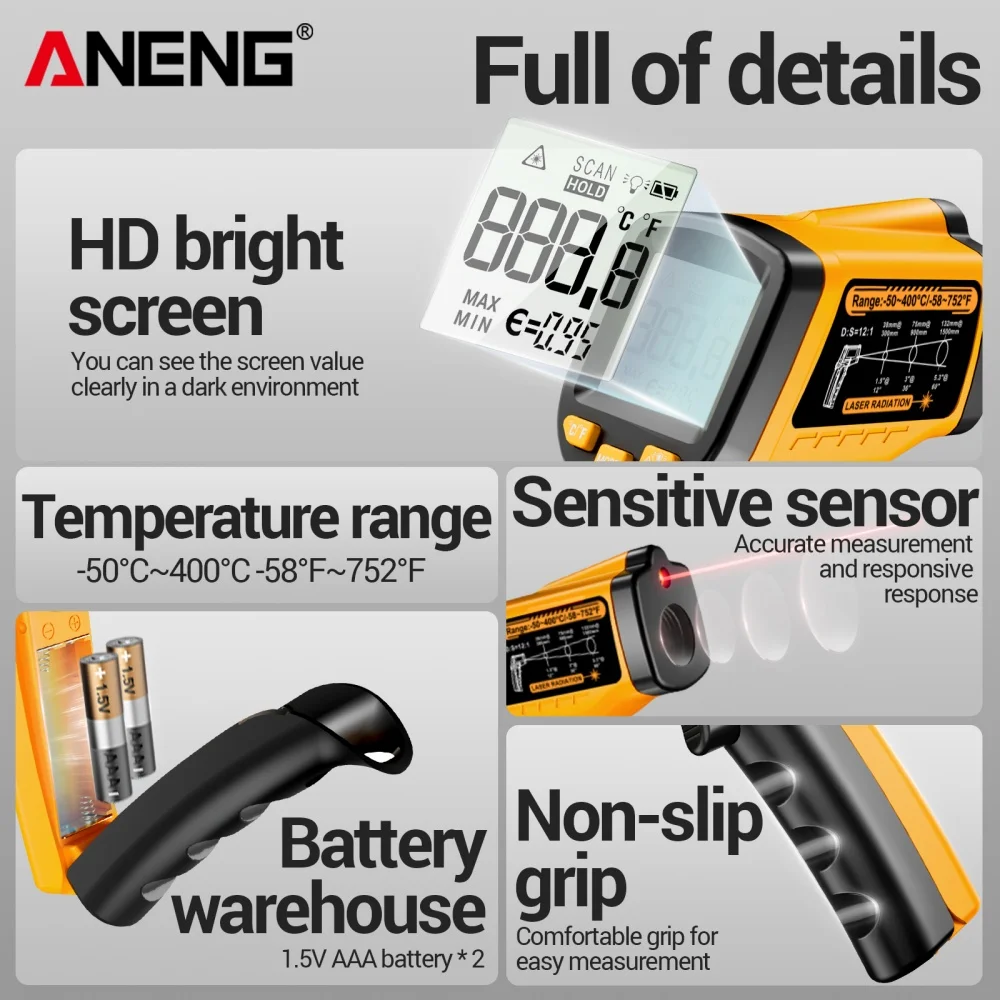 Termómetro láser ANENG TH109 Instrumentos de temperatura Pirómetro sin contacto -50 ~ 400 ℃   Herramientas de prueba con pantalla LCD de pistola de temperatura - imagen 5