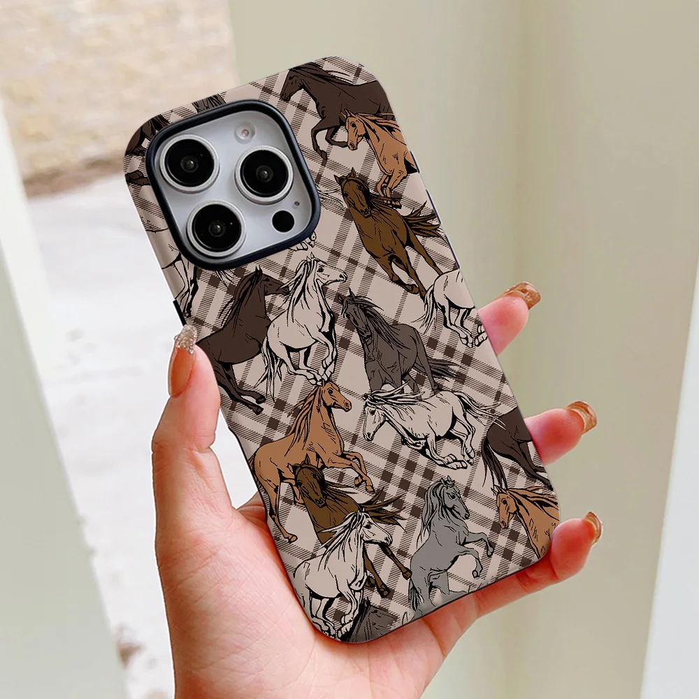 Funda de teléfono con diseño de caballo a cuadros para iPhone 16, 15, 14, 13, 12, 11 Pro Max Plus, funda trasera magnética de lujo de doble capa - imagen 3