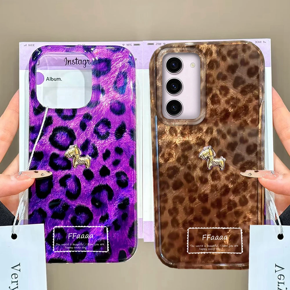  ﻿ ﻿ ﻿ Funda para Teléfono con Diseño de Leopardo Marrón Morado y Pony Dorado para Mujer, Compatible con Samsung Galaxy S23 Plus, S25, S24 Ultra, S22, S20, S21 FE