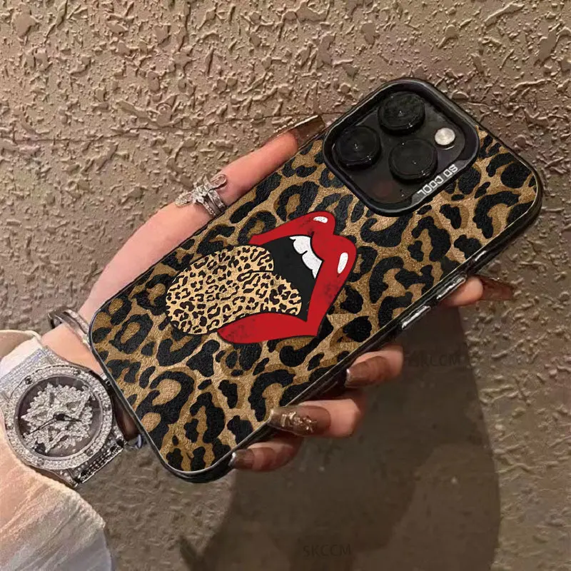 Funda con estampado de leopardo y labios rojos para iPhone 16 15 Pro Max 11 12 14 13 7 8 Plus X XS XR SE, funda de silicona con lengua grande para mujer - imagen 4