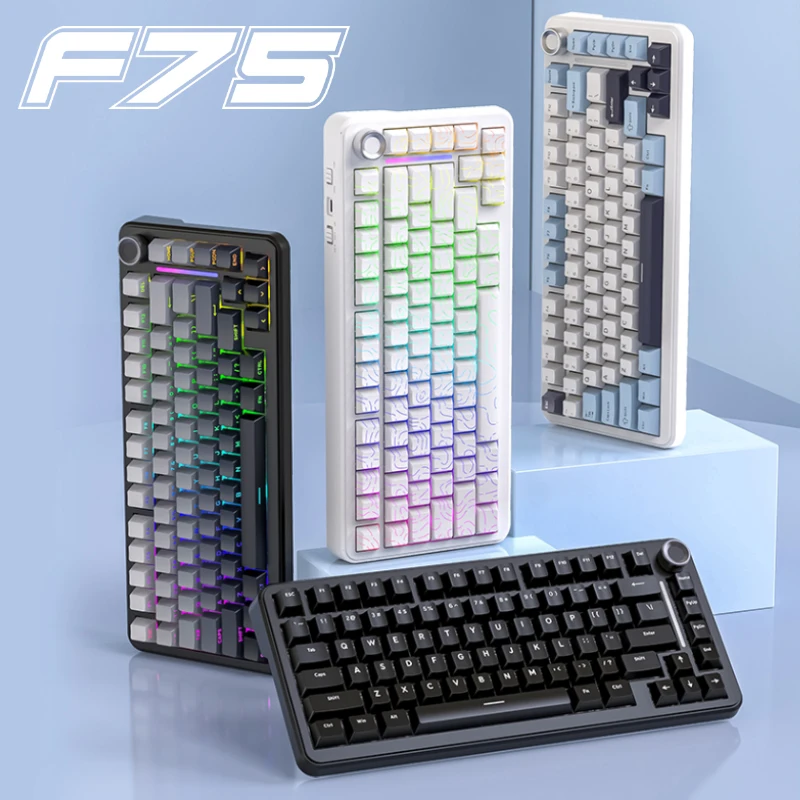 Teclado mecánico F75 para videojuegos, teclado inalámbrico FREEWOLF F75 con perilla de Metal, RGB/exchangeable en caliente/4000 mAh de alta potencia - imagen 5