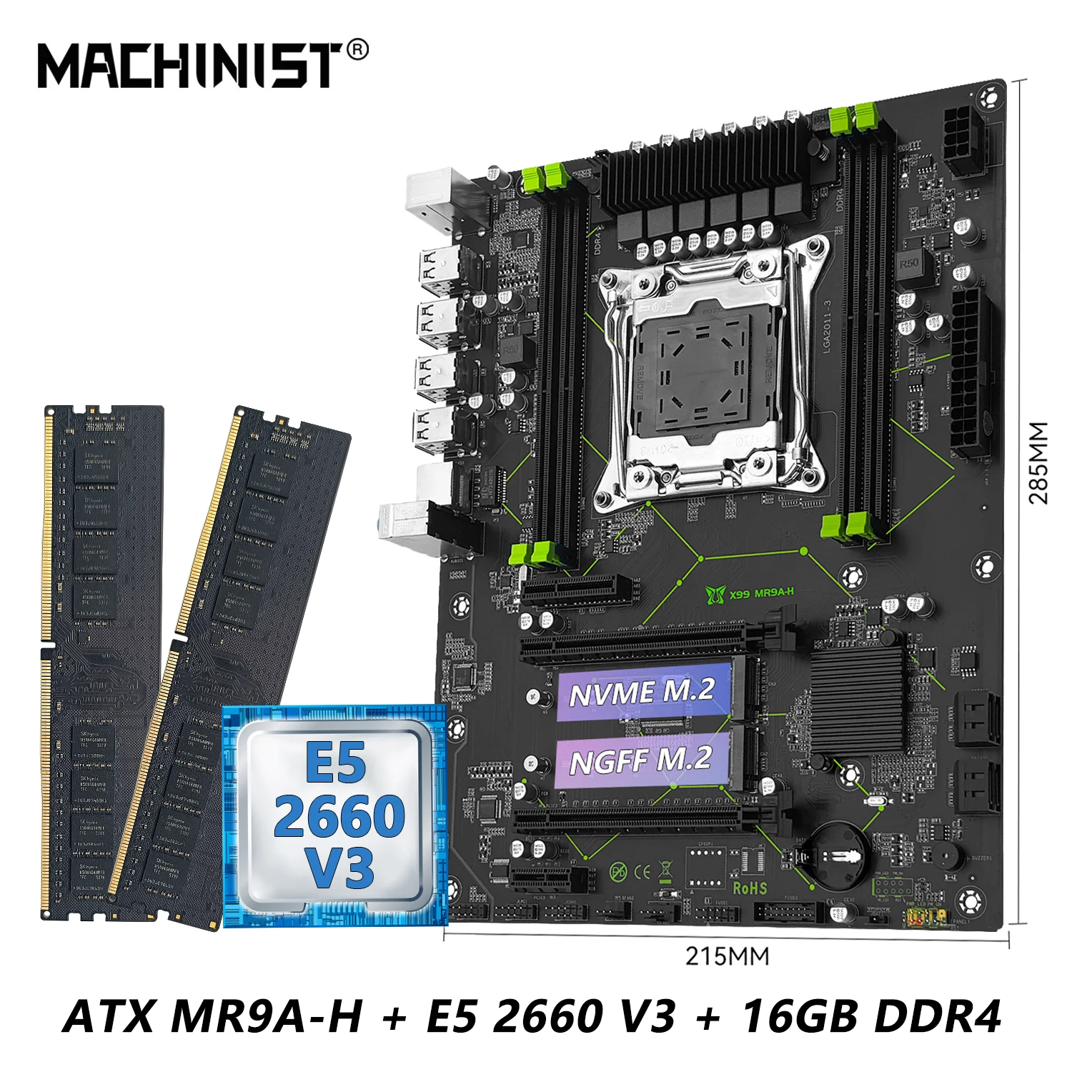 Combo de placa base MR9A-H MACHINIST X99 con Intel LGA 2011-3 Xeon E5 2660 V3 CPU DDR4 16GB (2*8GB) Kit de memoria RAM conjunto ATX