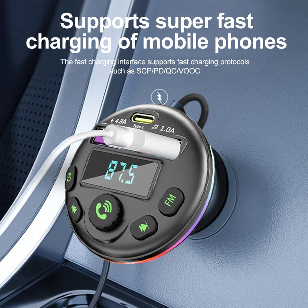 Transmisor FM Bluetooth 5,0 para coche, modulador de MP3, cargador de coche QC PD, carga rápida, encendedor de cigarrillos, HUB para Samsung, IPhone, Huawei - imagen 5