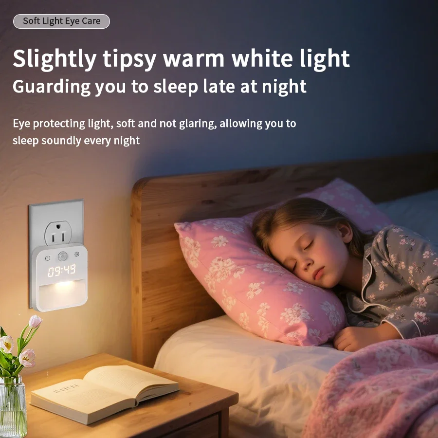 Reloj de luz nocturna con detección de movimiento humano, enchufe estándar UE/EE. UU., 110V-220V, atenuación infinita, pantalla de conmutación de tres colores - imagen 2