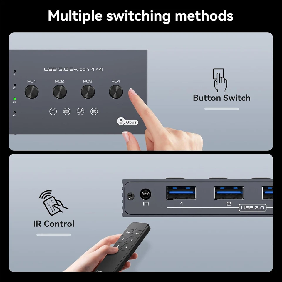 Navceker 4 en 4 salida KVM USB 3,0 interruptor controlador compartido adaptador de concentrador USB 2,0 conmutador de impresora para PC portátil teclado ratón - imagen 5