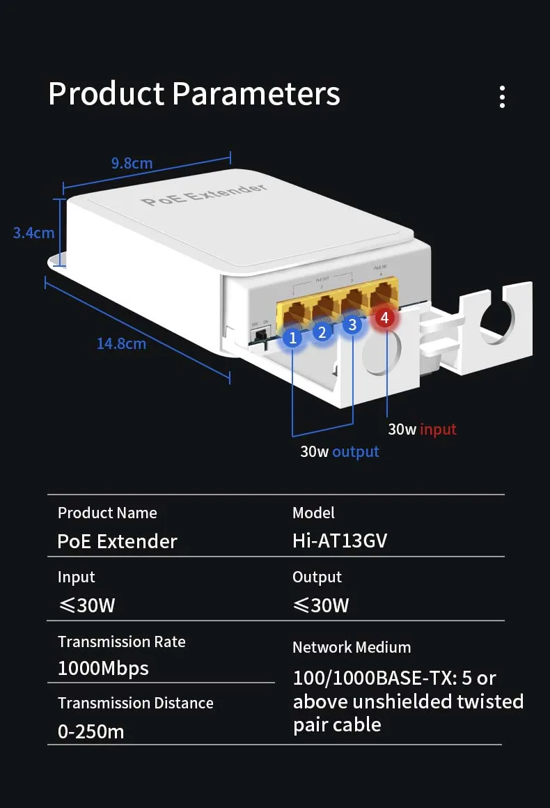Hisource Repetidor POE impermeable IP55 de 4 puertos 100Mbps 1 a 3 Conmutador de red Extensor PoE para cámara IP - imagen 2