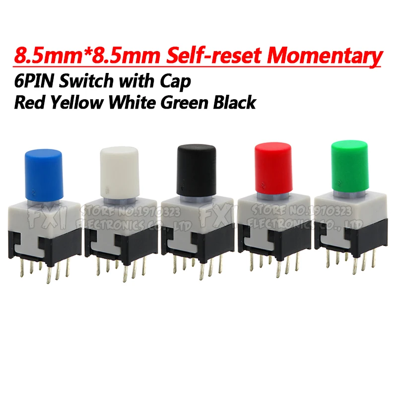 Juego de microinterruptores de botón de 6 pines, set de 10 interruptores con tapa de reinicio automático, pulsador táctil momentáneo, 8,5x8,5mm, 8,5x8,5mm, 20 piezas