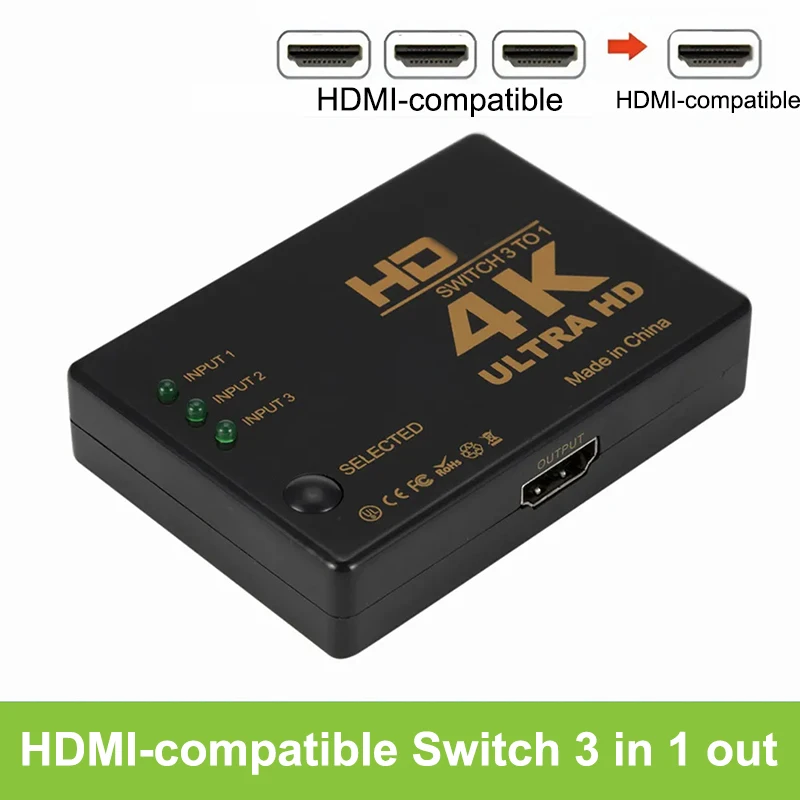 Conmutador 4K compatible con HDMI, 3 en 1, salida Full HD 1080P, divisor de Cable de vídeo, convertidor adaptador de concentrador 1x3 para TV Box, HDTV y PC