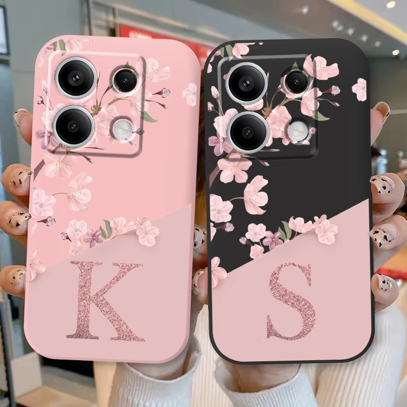 Funda de teléfono con letras de A-Z y flores para POCO M6 Pro 4G X6 5G Redmi Note 13 Pro, parachoques de TPU a prueba de golpes, funda de silicona suave