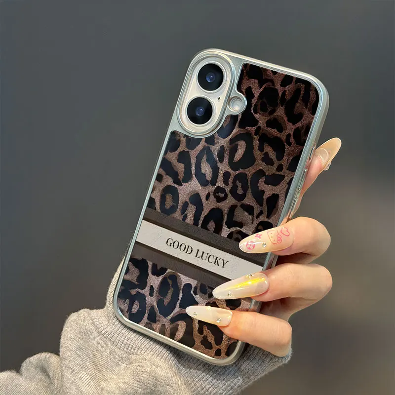 Funda de teléfono anticaída de TPU epoxi con borde plateado y estampado de leopardo de la suerte para iPhone XR/11/12/13/14/15/16/17 Pro Max - imagen 4