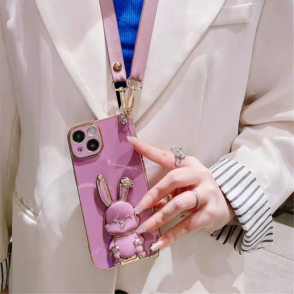 Funda de teléfono con correa de cordón cruzado para Xiaomi Redmi Note 11 11S 10 9 8 Pro 10S 9S 10A 10C 9A funda de silicona con soporte de conejo bonito - imagen 5