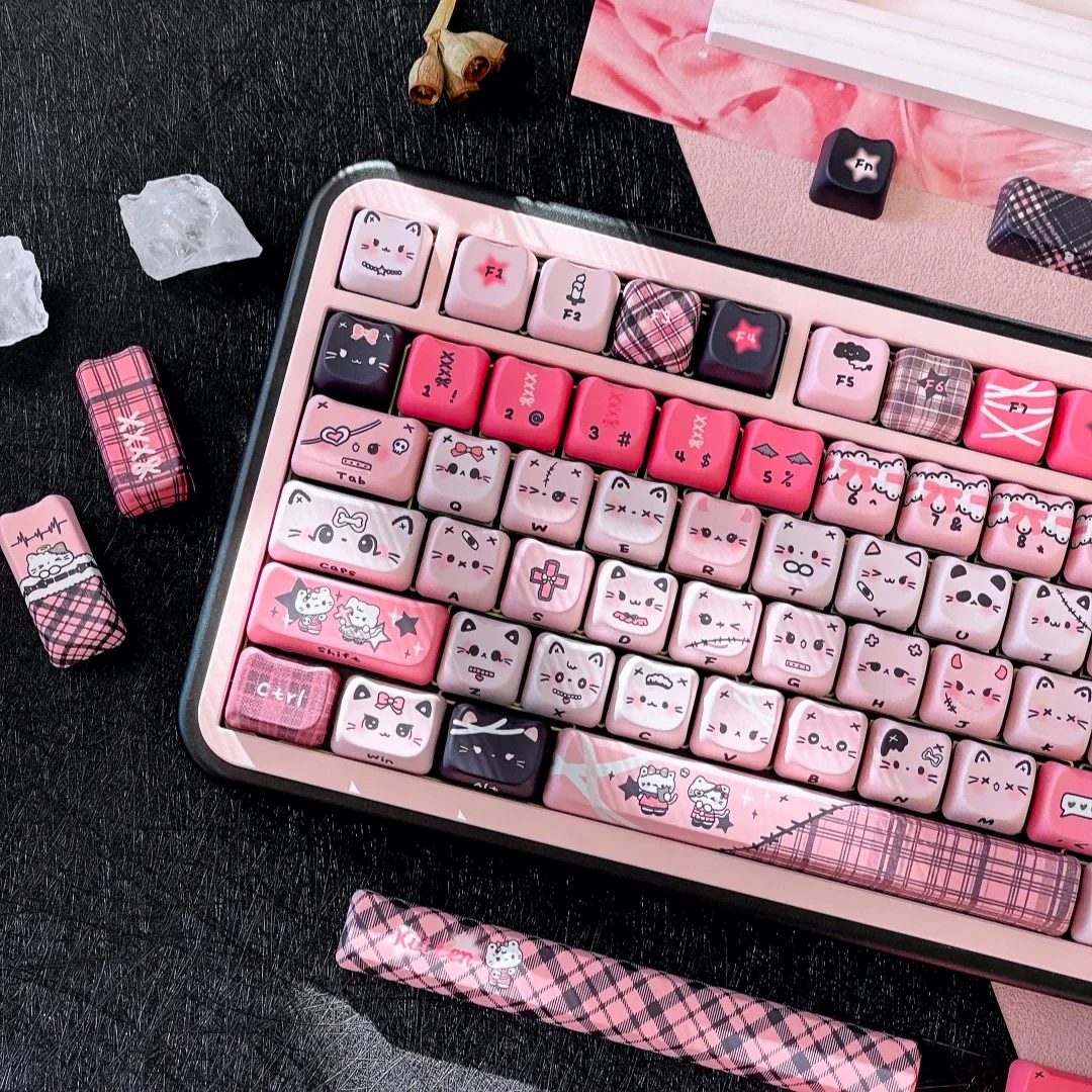 Teclas de gato negro y rosa con grabado lateral MAO/Cherry Meow Head, teclas bonitas, sublimación PBT, elemento a cuadros dulce y fresco, tapas de teclado - imagen 2