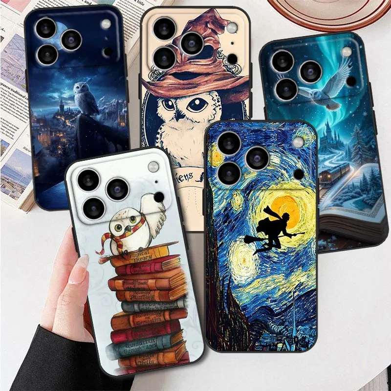 Art Owl Magic para Apple iPhone 17 Air 16e 16 15 14 13 XS X Mini Plus Pro Max funda de teléfono negra