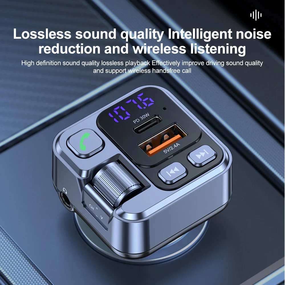 Transmisor FM Bluetooth 5,1 para coche, reproductor de música estéreo MP3, manos libres, Kit inalámbrico auxiliar de 3,5mm para coche, cargador rápido PD USB-C de 30W - imagen 2