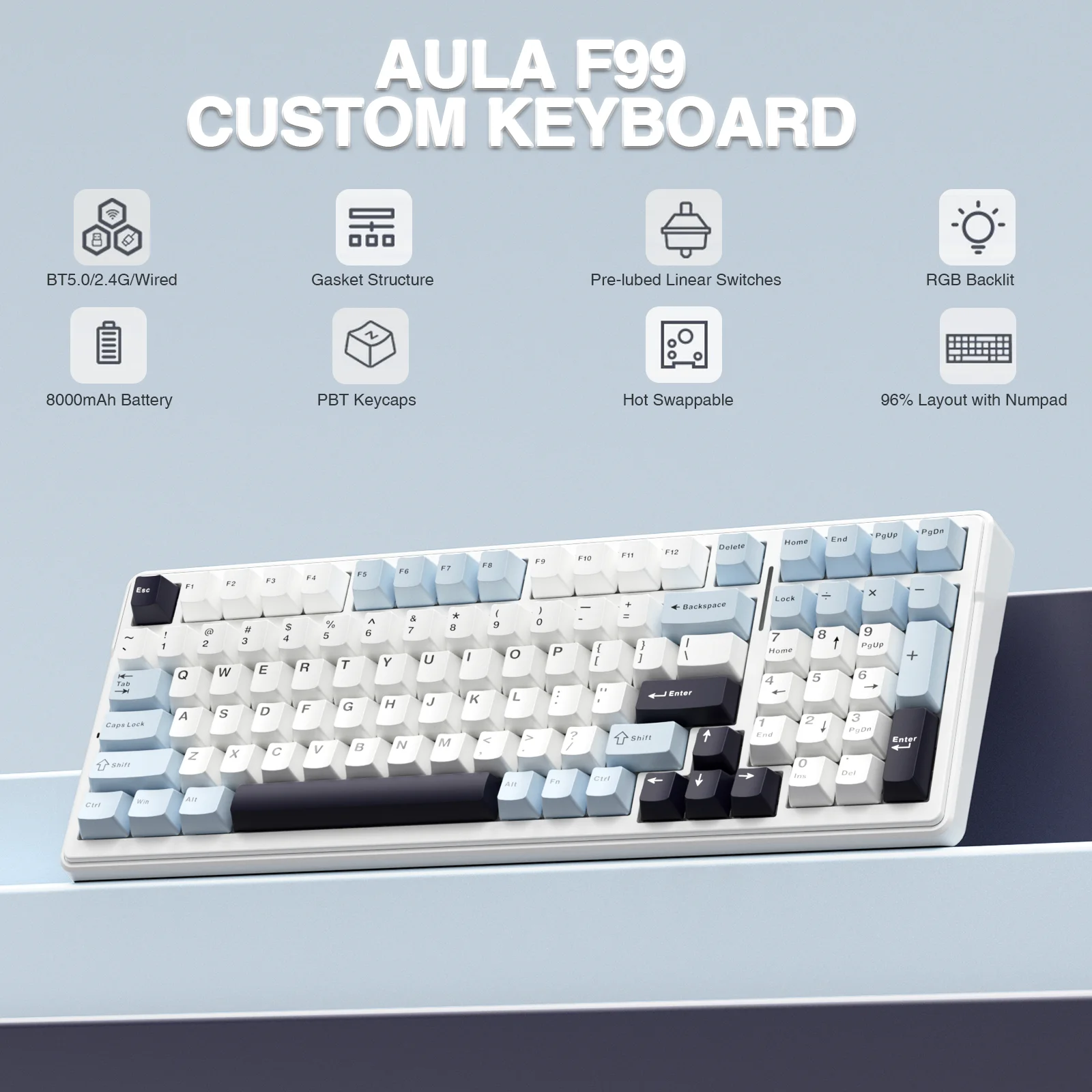 AULA-Teclado mecánico F99 con Bluetooth 5,0/2,4G, teclado inalámbrico/con cable para juegos, 99 teclas personalizables - imagen 2